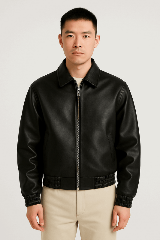 Men’s Black Leather Bomber Jacket – Classic Zip-Up Minimalist Style