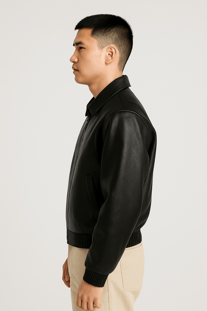 Men’s Black Leather Bomber Jacket – Classic Zip-Up Minimalist Style