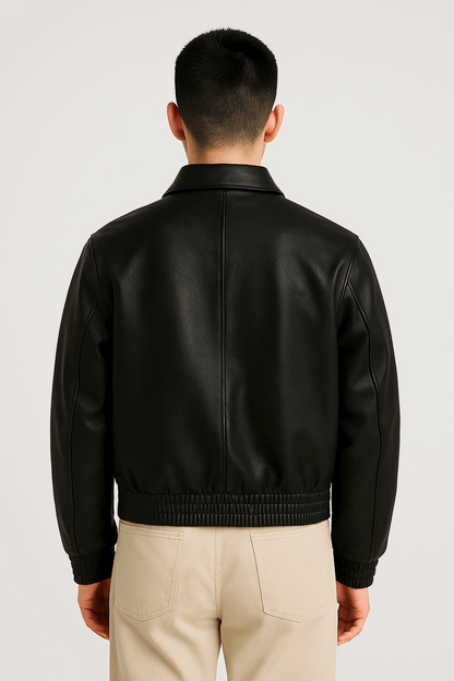 Men’s Black Leather Bomber Jacket – Classic Zip-Up Minimalist Style