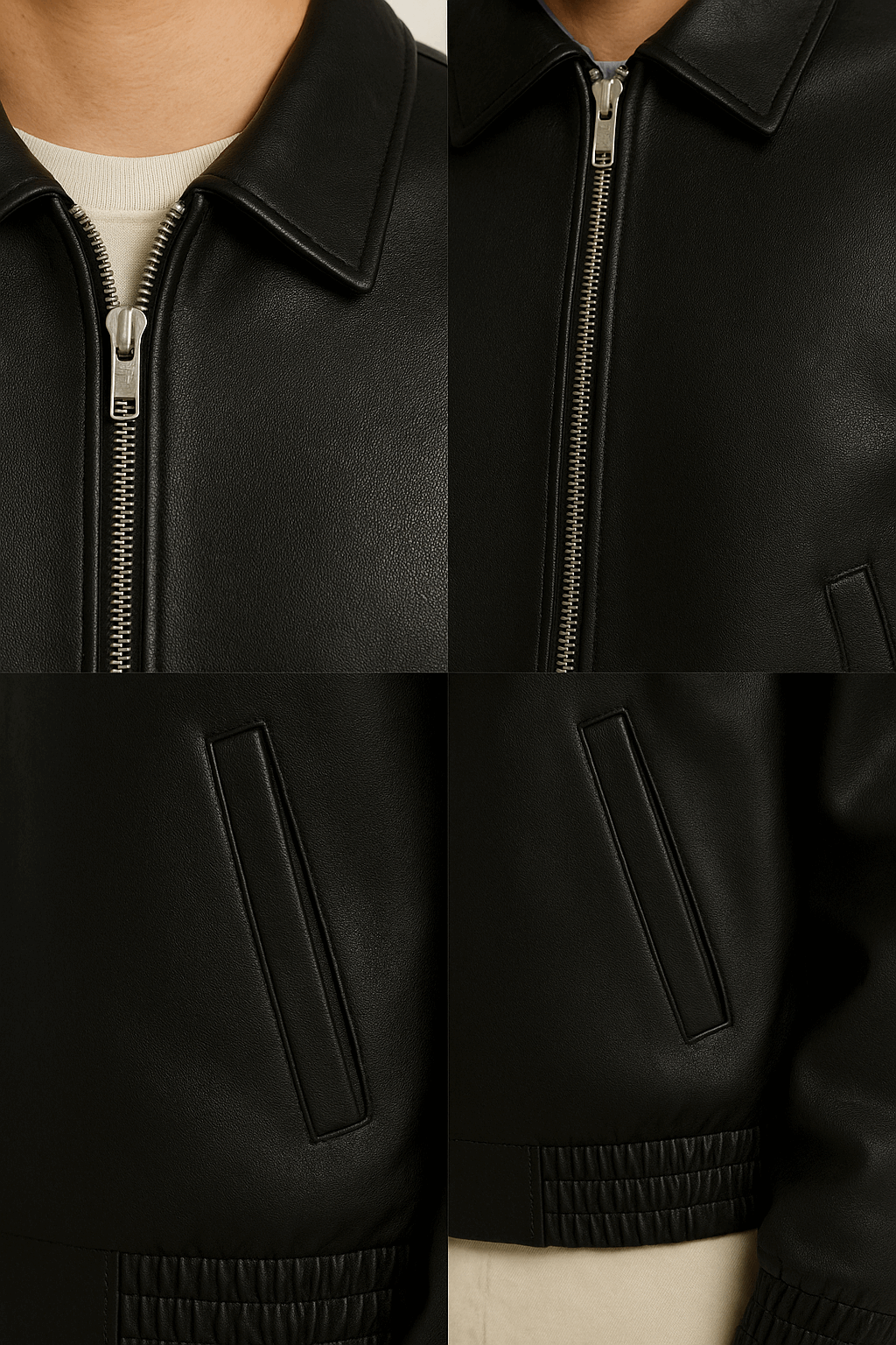 Men’s Black Leather Bomber Jacket – Classic Zip-Up Minimalist Style