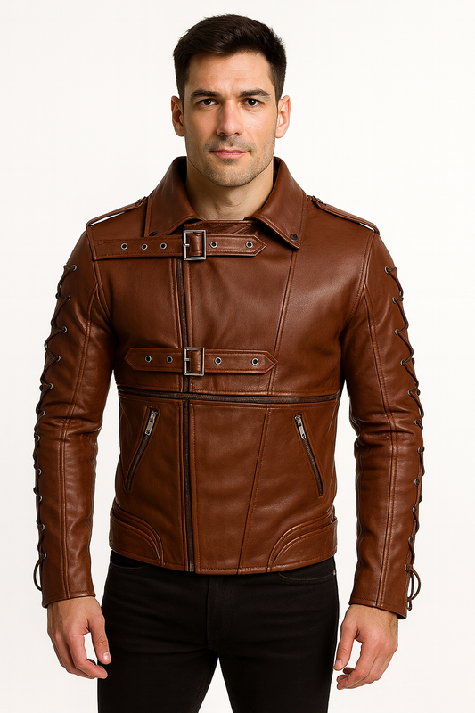 Men’s Gothic Biker Leather Jacket – Buckle & Lace-Up Design