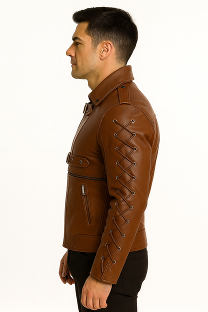 Men’s Gothic Biker Leather Jacket – Buckle & Lace-Up Design