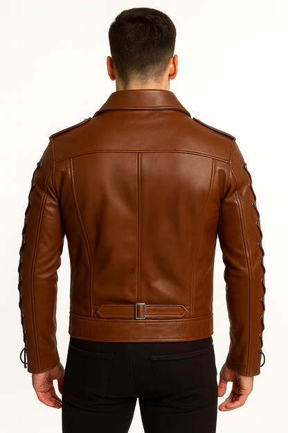 Men’s Gothic Biker Leather Jacket – Buckle & Lace-Up Design