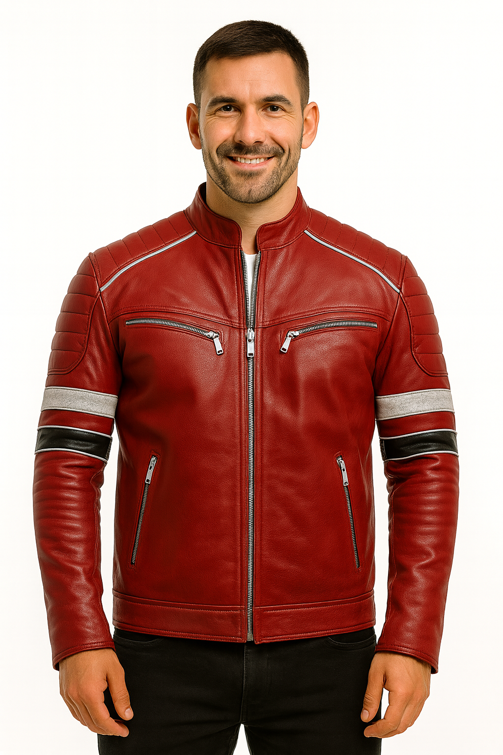 Men’s Cafe Racer Leather Jacket – Quilted Biker Style