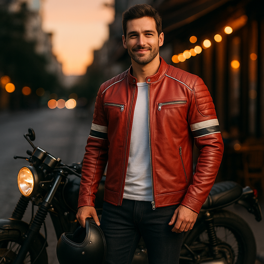 Men’s Cafe Racer Leather Jacket – Quilted Biker Style