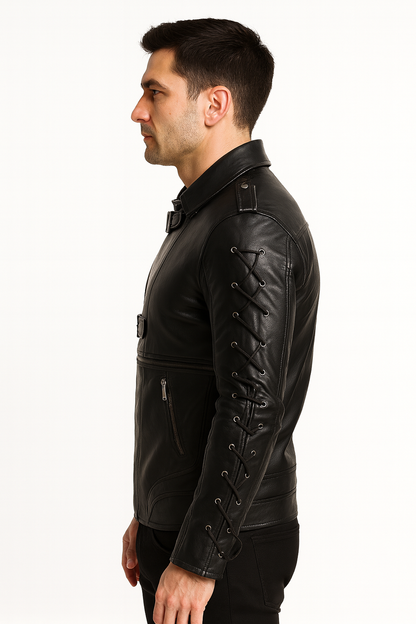 Men’s Buckle Strap Leather Jacket – Lace-Up Sleeve Design