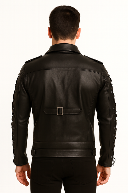 Men’s Buckle Strap Leather Jacket – Lace-Up Sleeve Design