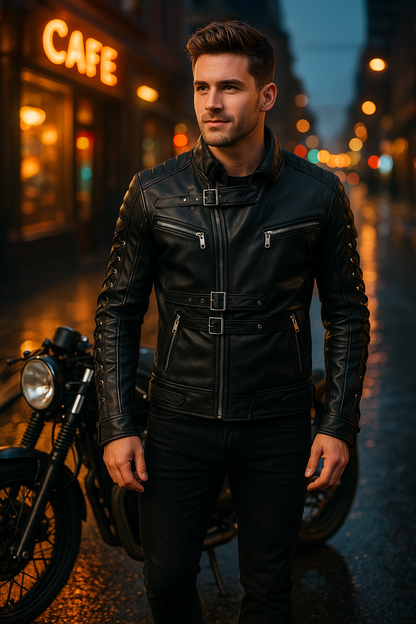 Men’s Buckle Strap Leather Jacket – Lace-Up Sleeve Design