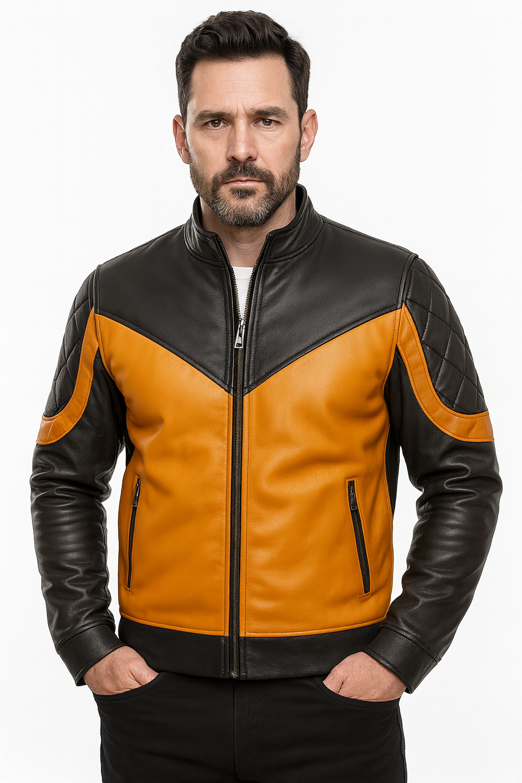 Men’s Two-Tone Biker Leather Jacket – Quilted Shoulder Design