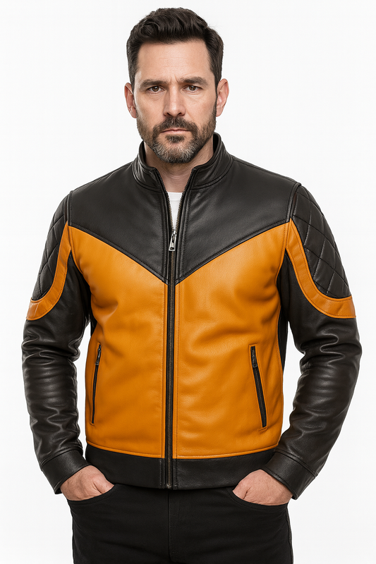 Men’s Two-Tone Biker Leather Jacket – Quilted Shoulder Design