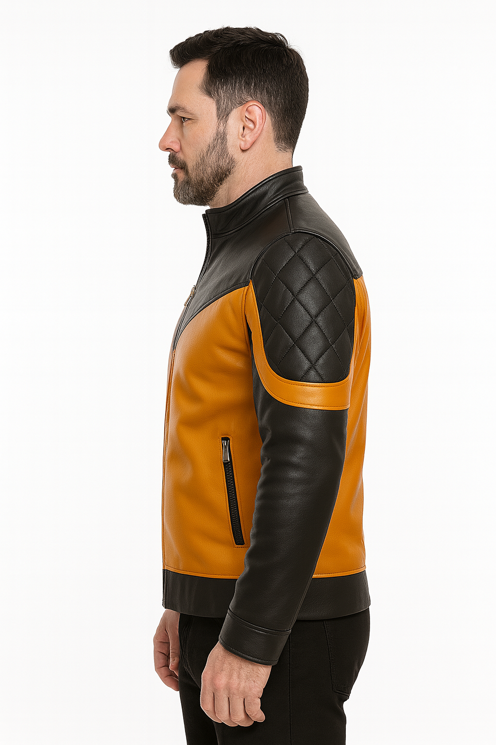 Men’s Two-Tone Biker Leather Jacket – Quilted Shoulder Design