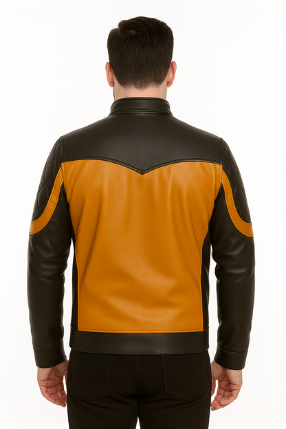 Men’s Two-Tone Biker Leather Jacket – Quilted Shoulder Design