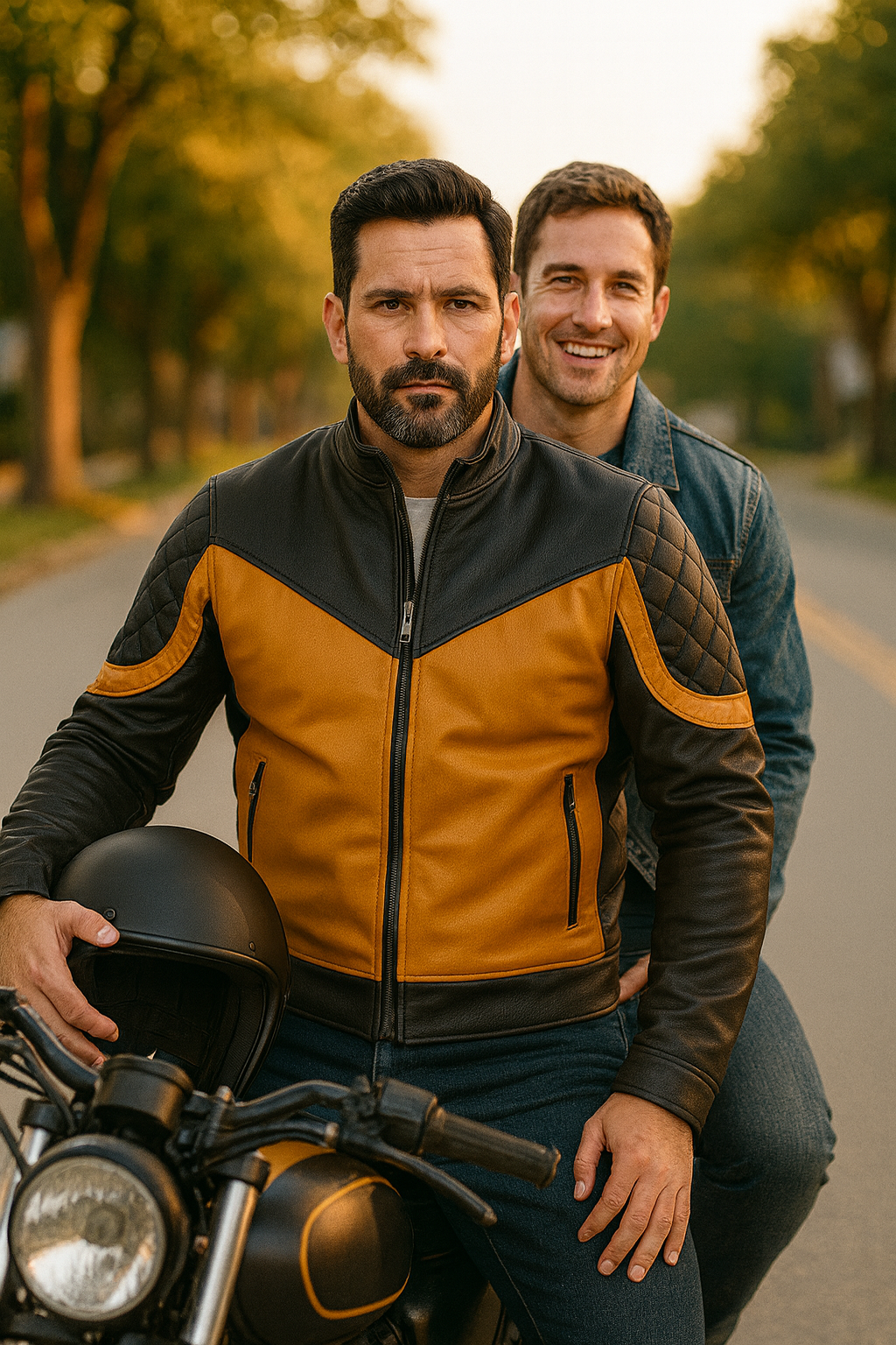 Men’s Two-Tone Biker Leather Jacket – Quilted Shoulder Design