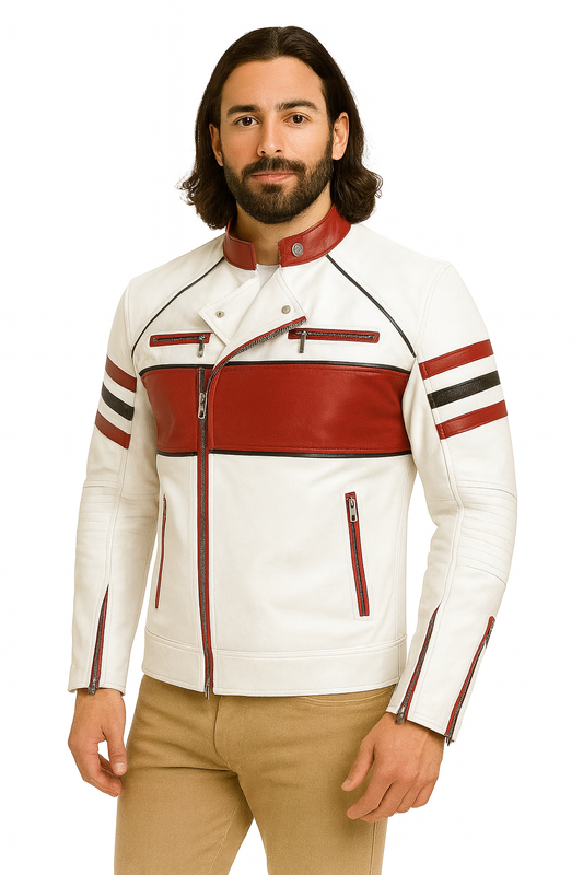 Men’s White & Red Biker Leather Jacket – Racing Style