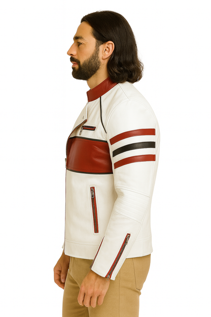Men’s White & Red Biker Leather Jacket – Racing Style