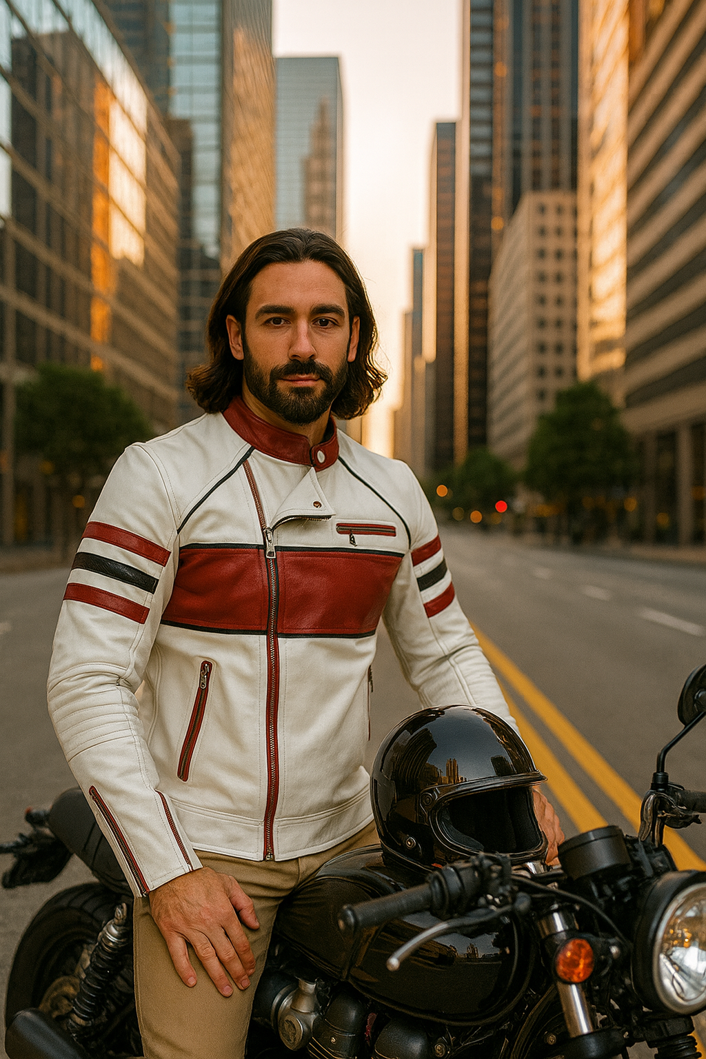 Men’s White & Red Biker Leather Jacket – Racing Style