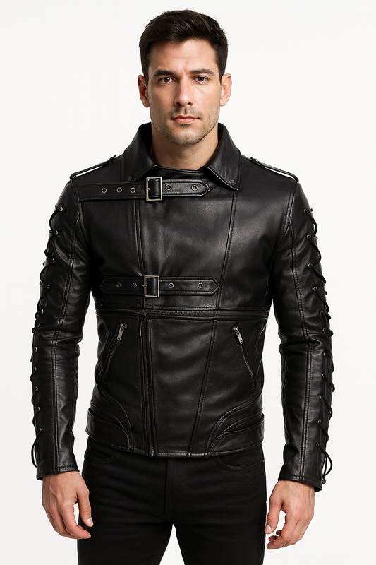 Men’s Buckle Strap Leather Jacket – Lace-Up Sleeve Design