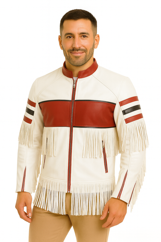 Men’s White & Red Fringe Leather Jacket – Western Biker Style