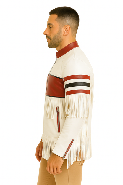 Men’s White & Red Fringe Leather Jacket – Western Biker Style