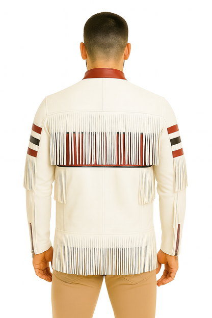 Men’s White & Red Fringe Leather Jacket – Western Biker Style