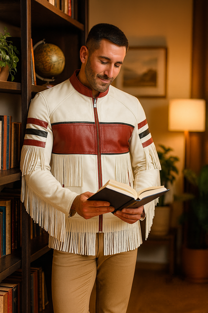Men’s White & Red Fringe Leather Jacket – Western Biker Style