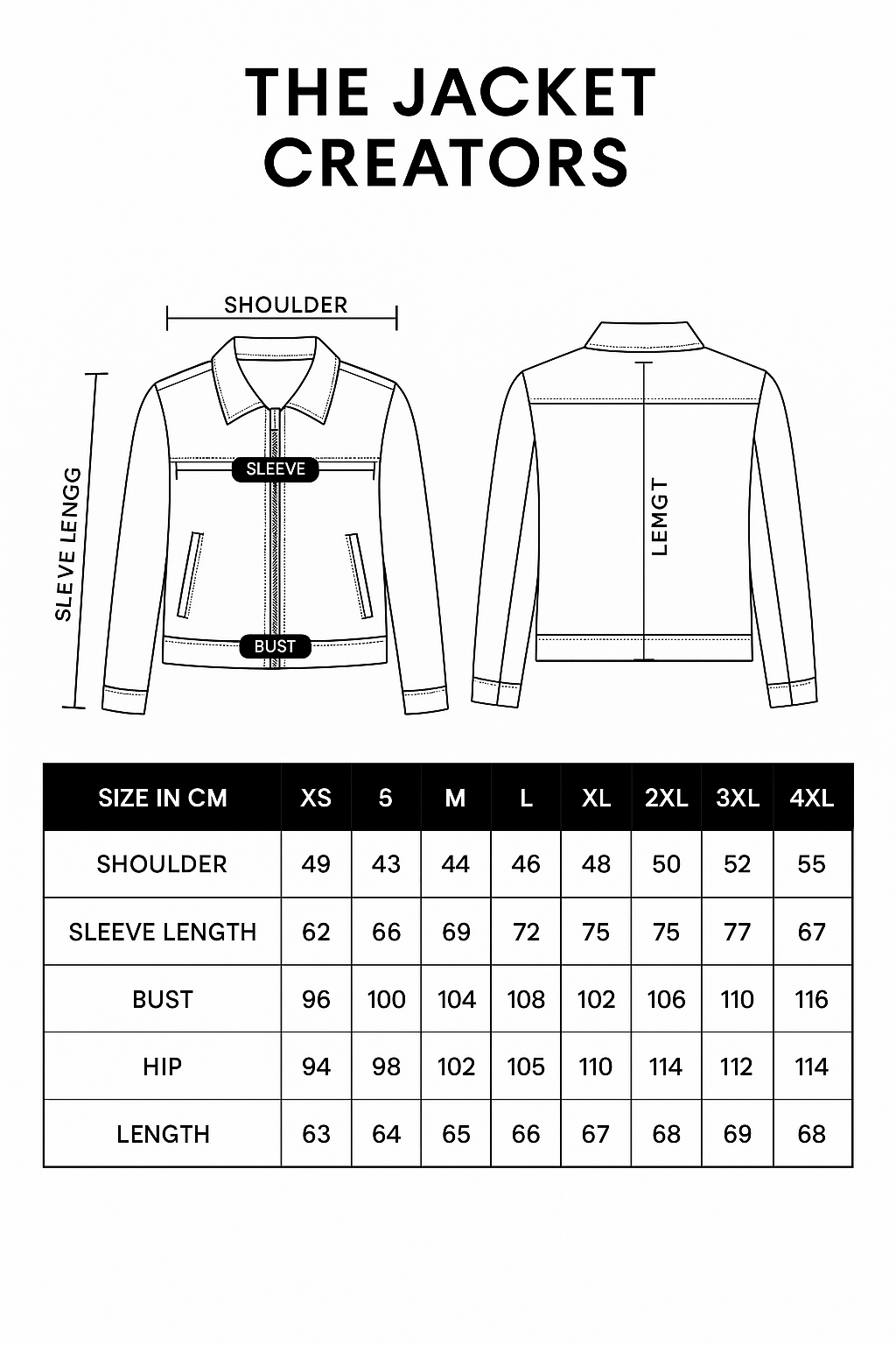 The Jacket Creators size guide