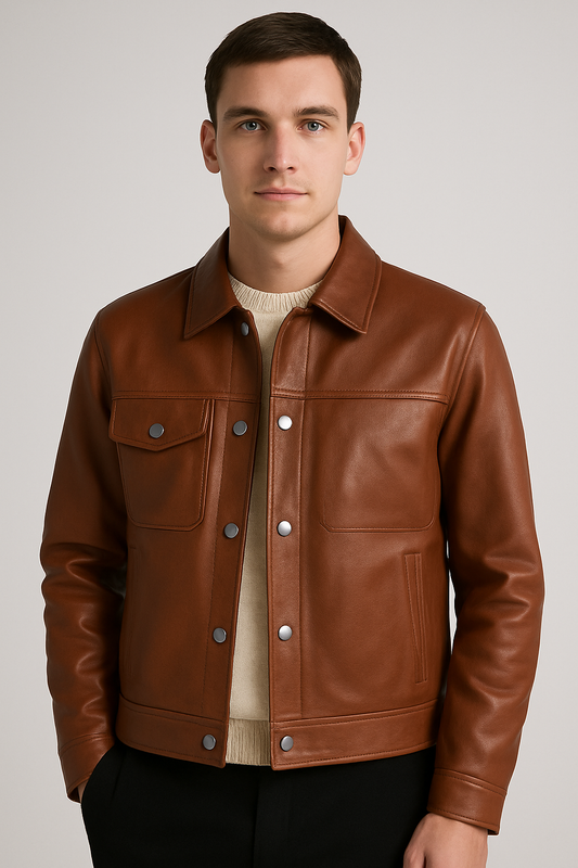 Classic Brown Button-Up Leather Jacket