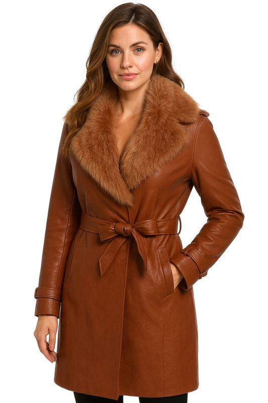 Vintage Luxe Fur-Collar Leather Coat