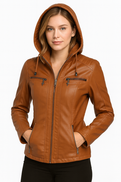 Women’s Hooded Leather Jacket – Casual Zip-Up Style