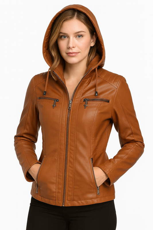 Women’s Hooded Leather Jacket – Casual Zip-Up Style