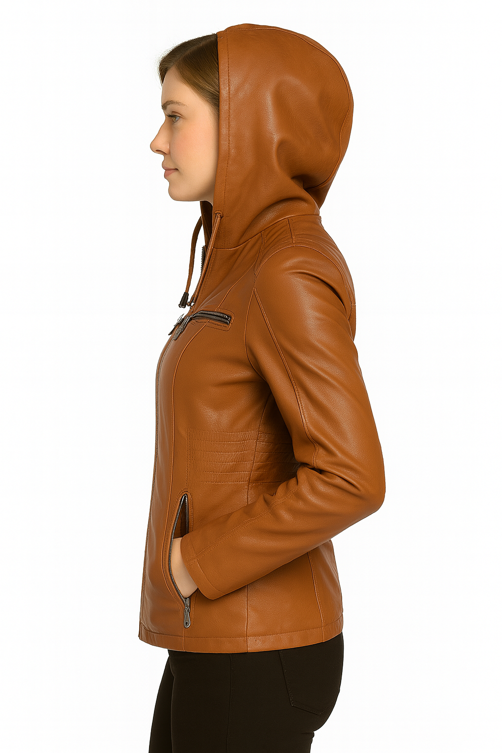 Women’s Hooded Leather Jacket – Casual Zip-Up Style