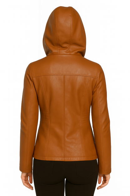Women’s Hooded Leather Jacket – Casual Zip-Up Style