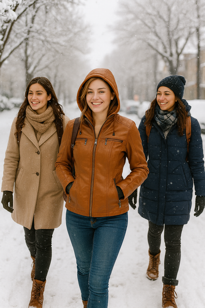 Women’s Hooded Leather Jacket – Casual Zip-Up Style