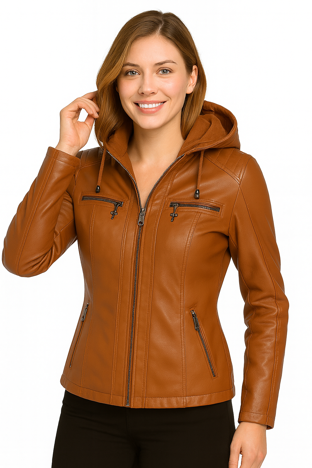 Women’s Hooded Leather Jacket – Casual Zip-Up Style