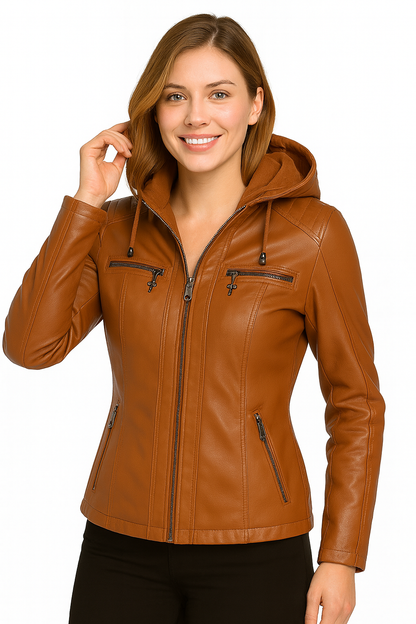 Women’s Hooded Leather Jacket – Casual Zip-Up Style