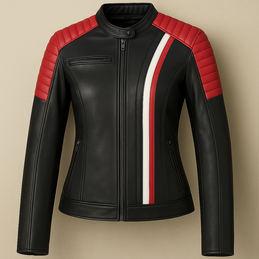 Women’s Racer Style Leather Jacket with Red & White Stripes