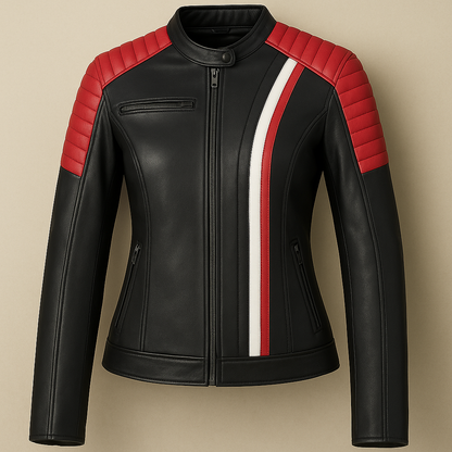 Women’s Racer Style Leather Jacket with Red & White Stripes