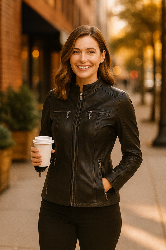 Women’s Slim Fit Leather Jacket – Classic Zip-Up Style