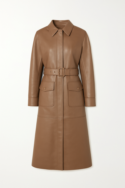 Women’s Long Leather Coat with Belted Waist