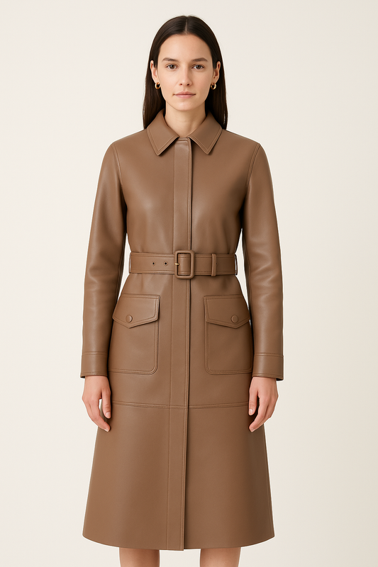 Women’s Long Leather Coat with Belted Waist