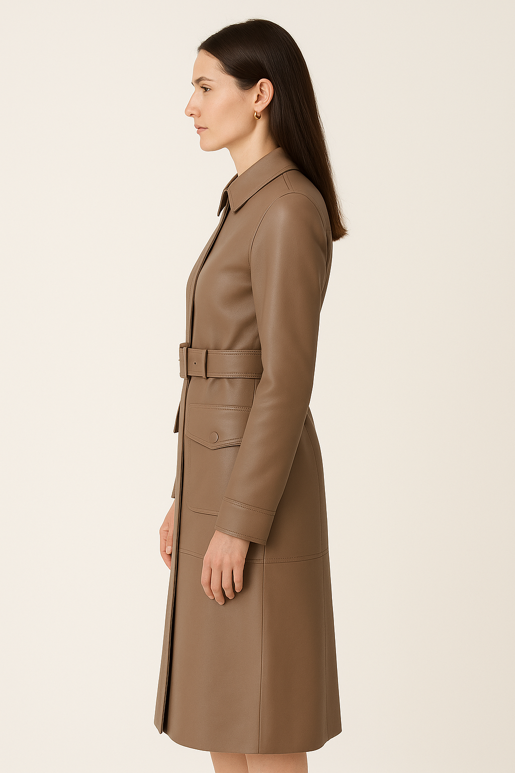 Women’s Long Leather Coat with Belted Waist
