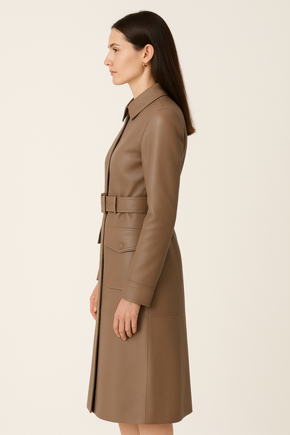 Women’s Long Leather Coat with Belted Waist
