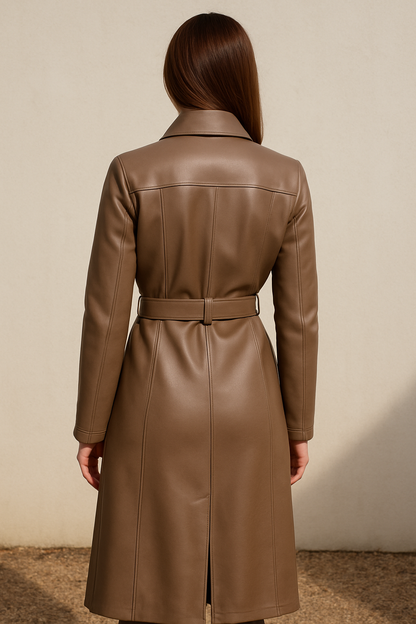 Women’s Long Leather Coat with Belted Waist