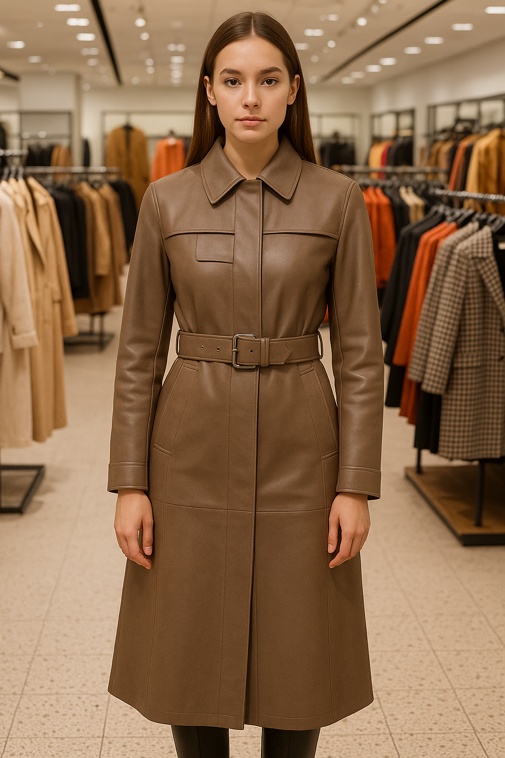 Women’s Long Leather Coat with Belted Waist