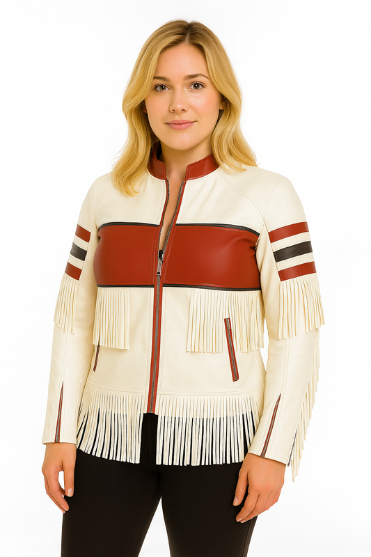 Women’s White & Red Fringe Leather Jacket – Western Style