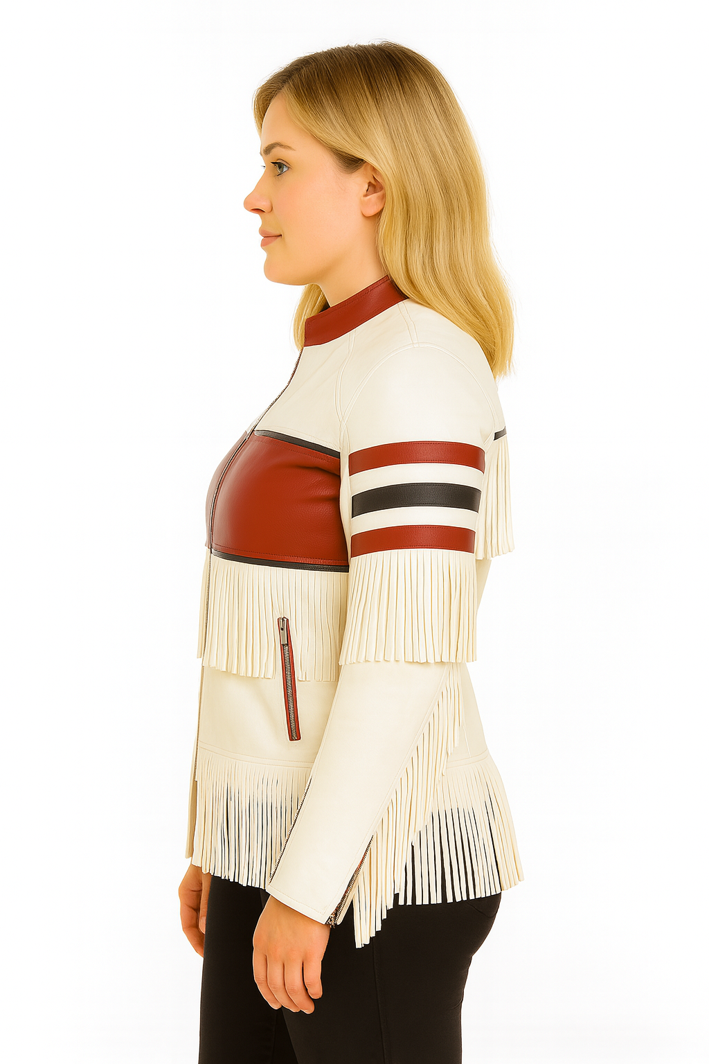 Women’s White & Red Fringe Leather Jacket – Western Style