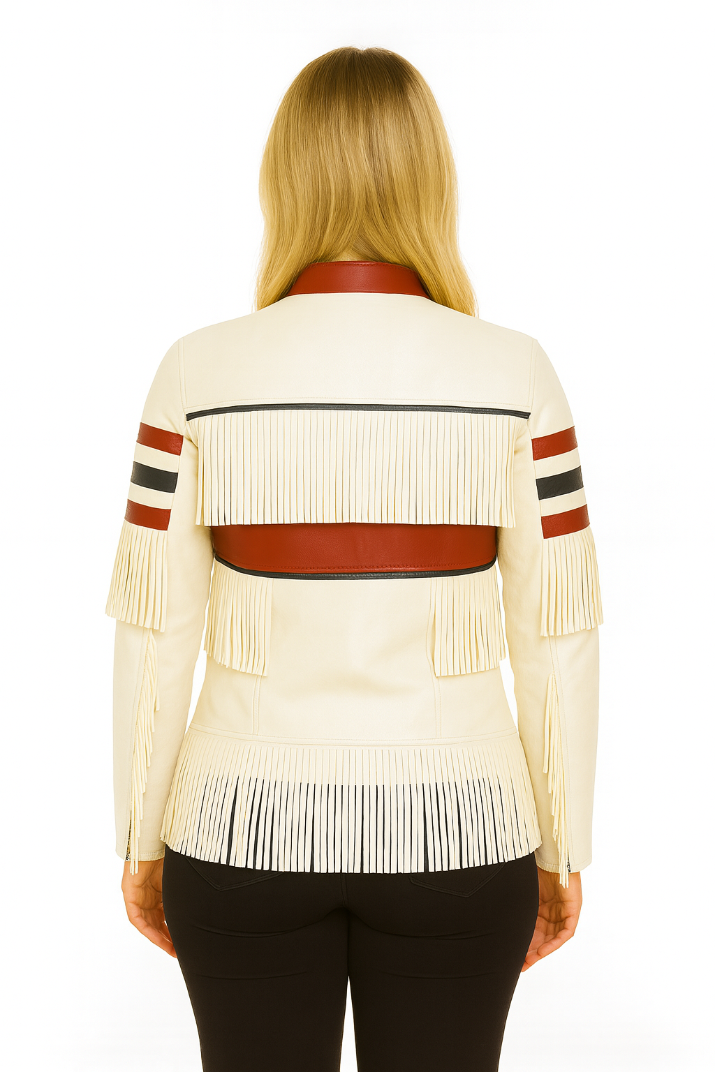 Women’s White & Red Fringe Leather Jacket – Western Style