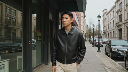 Men’s Black Leather Bomber Jacket – Classic Zip-Up Minimalist Style
