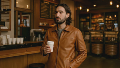 Men’s Light Brown Leather Coat – Classic Mid-Length Coffeehouse Edition